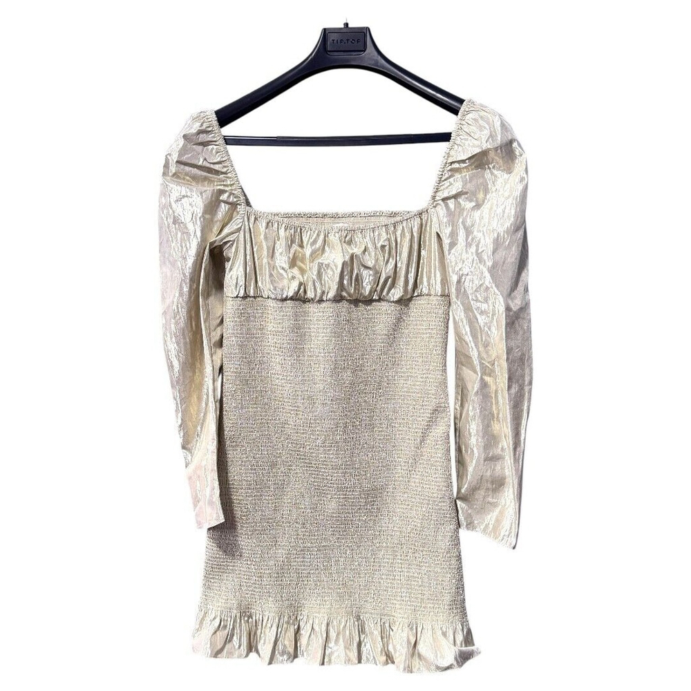 Wilfred Aritzia L Gold Metallic Puff Sleeve Square Neck Ballad Mini Dress NWT